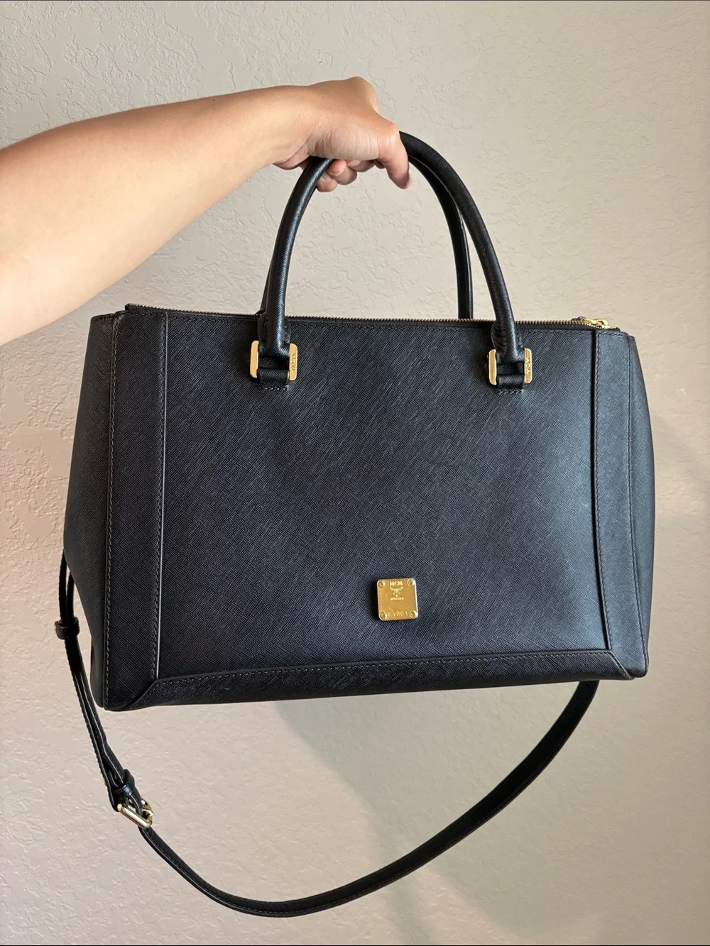 MCM Black Structured Satchel Bag with Gold Hardware